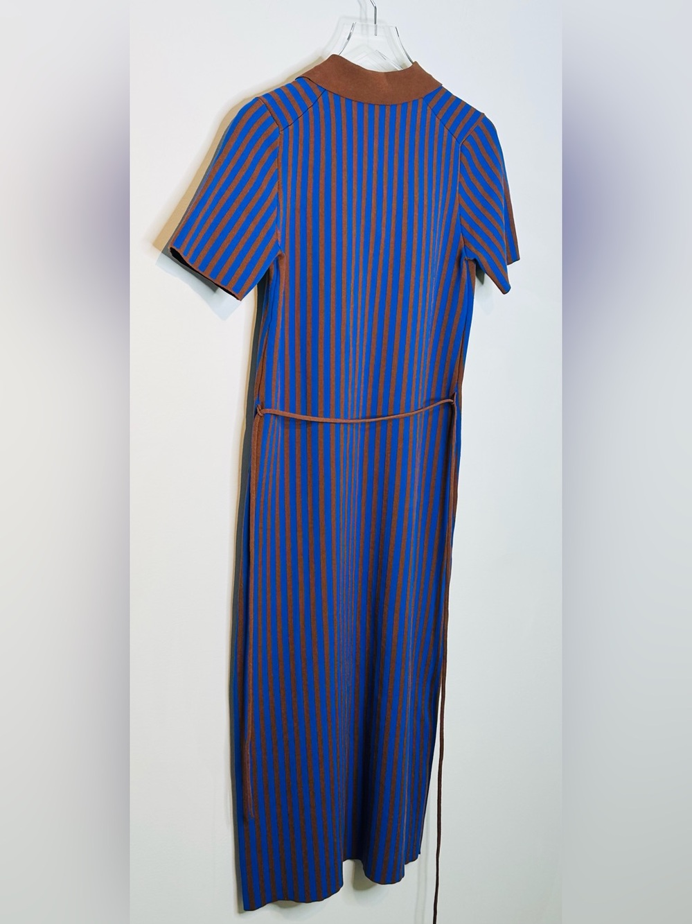 Tory Burch Chocolate Brown Soufflé Electric Blue Ink Striped Polo Midi Dress - Picture 8 of 15
